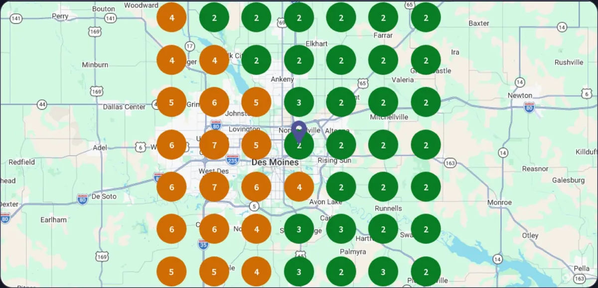 Rank grid for a Des Moines injury firm after six months, with green top-three markers across most of the city.