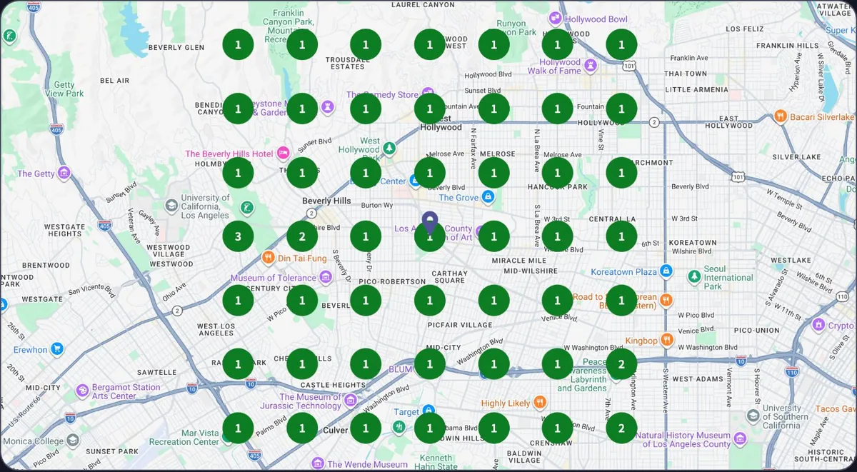 The same Los Angeles grid six months later: green #1 markers almost everywhere.