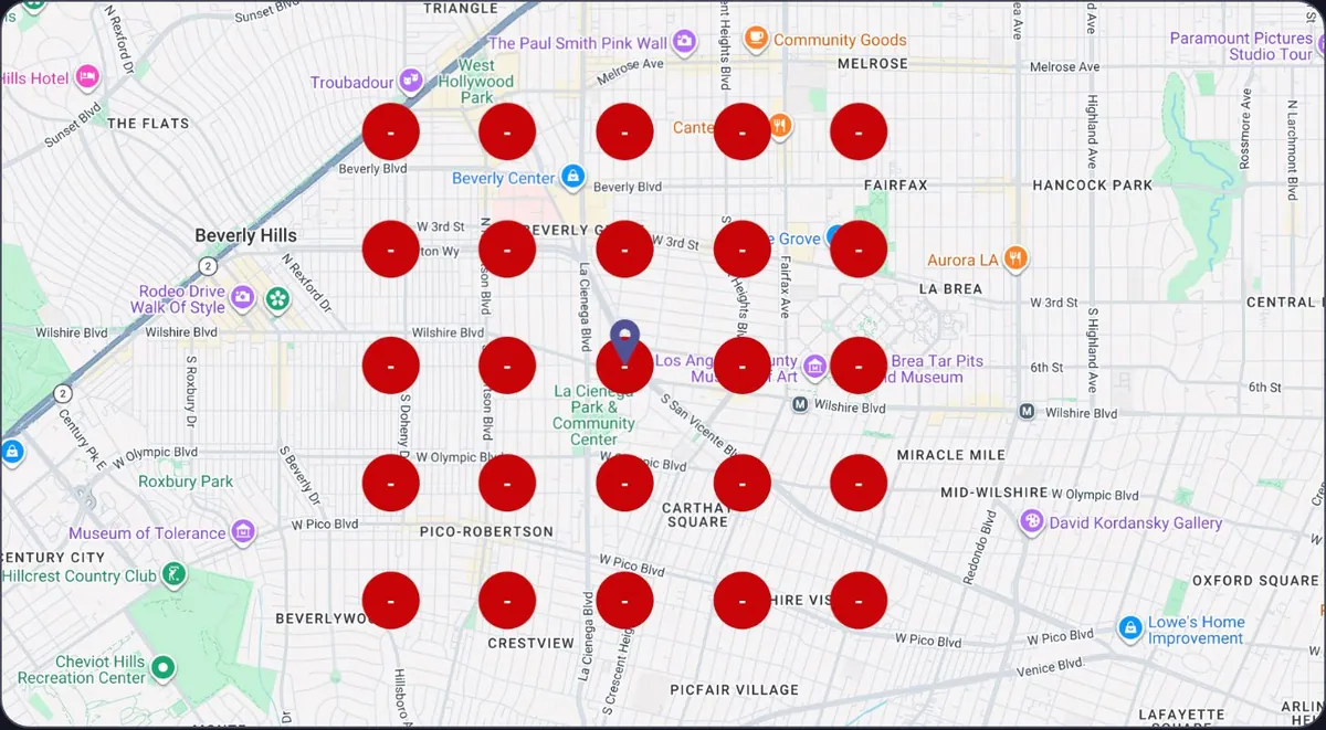 Google Maps rank grid at onboarding for a Los Angeles injury firm: every point red, not ranking.